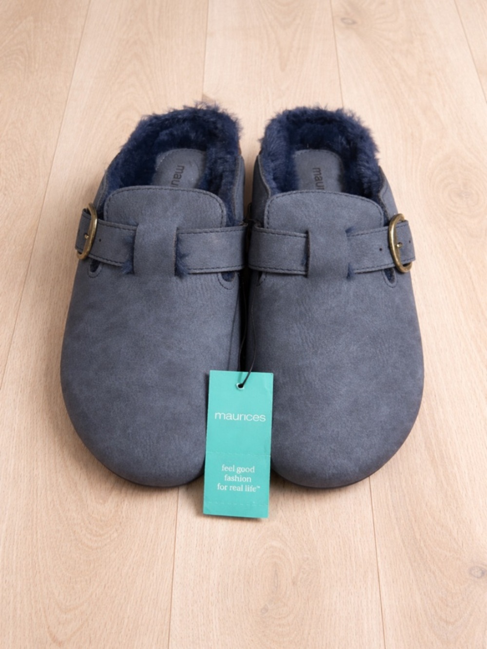Maurices Navy Faux-Suede Fleece-Lined Buckle Clog Mules